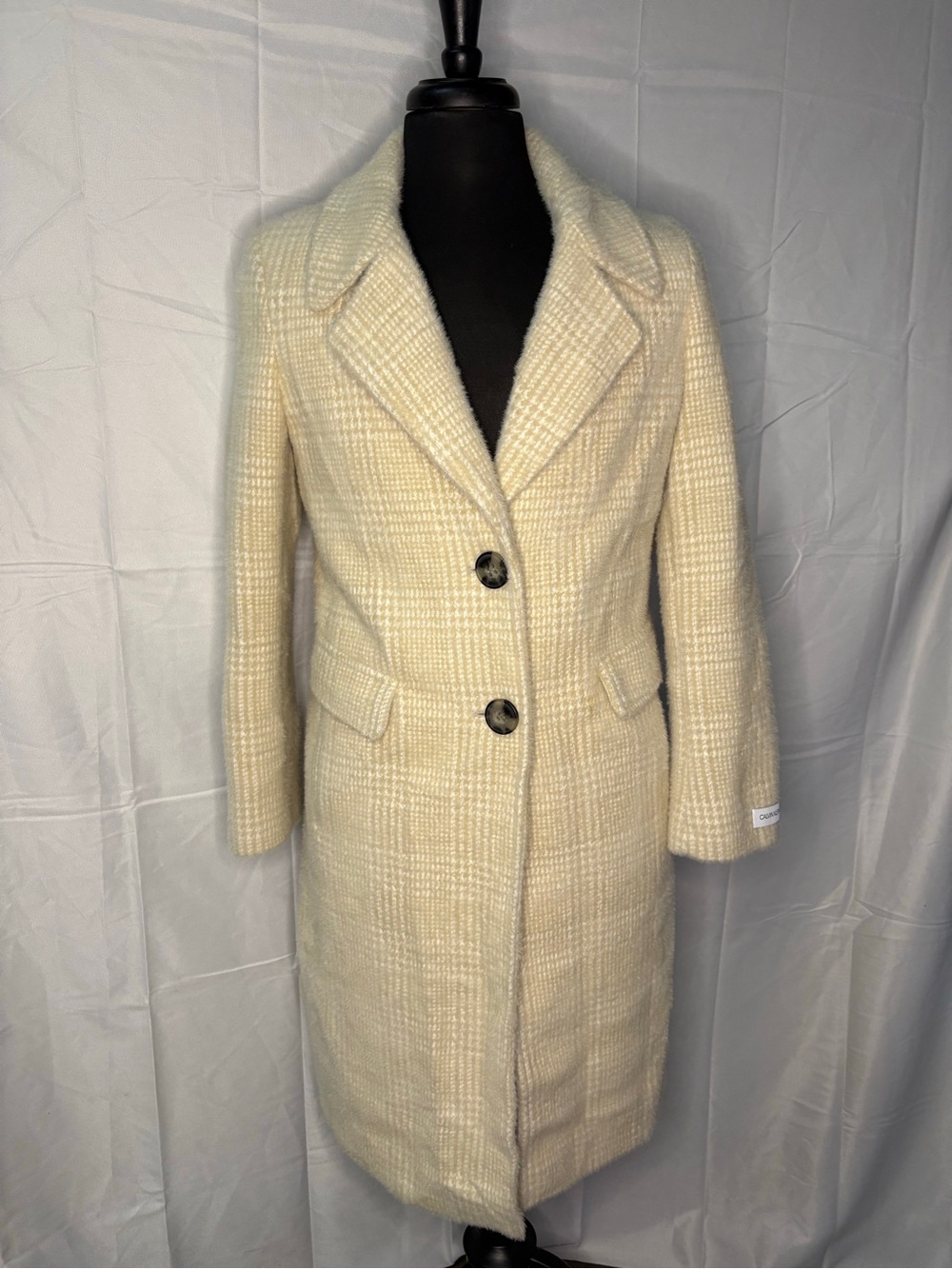 Calvin Klein Cream Plaid Long Coat Women’s Size 10 - Picture 2 of 9